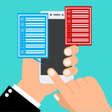 Anket Önerisi Fikir Teftişi Geribildirim, Çevrimiçi Anket, Kontrol Listesi. El tableti ve parmak ekranı tutuyor. Geribildirim işi. Çizgi film düz vektör çizimi. Web sitesi için minimal tasarım
