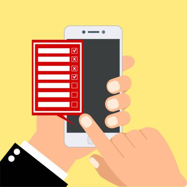 Anket Önerisi Fikir Teftişi Geribildirim, Çevrimiçi Anket, Kontrol Listesi. El tableti ve parmak ekranı tutuyor. Geribildirim işi. Çizgi film düz vektör çizimi. Web sitesi için minimal tasarım