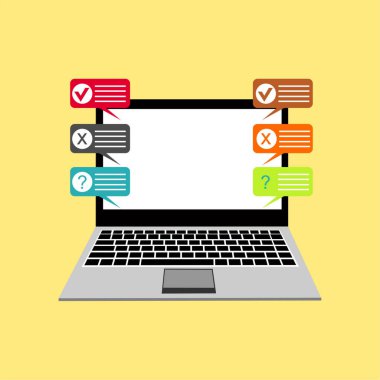 Çevrimiçi araştırma, kontrol listesi, anket ikonu. Laptop, bilgisayar ekranı. Geribildirim işi konsepti. Çizgi film düz vektör çizimi. Web sitesi ve mobil uygulama için minimal tasarım