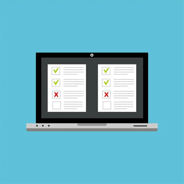 Laptop vektör illüstrasyonunda çevrimiçi form anketi, sınav kağıdını gösteren bilgisayar, web tasarımı için düz stil tasarımı, afiş ve sunum. vektör illüstrasyonu.