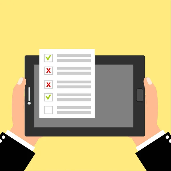 Pesquisa Online Internet Levantamento Mãos Segurando Tablet Com Formulário Teste — Vetor de Stock