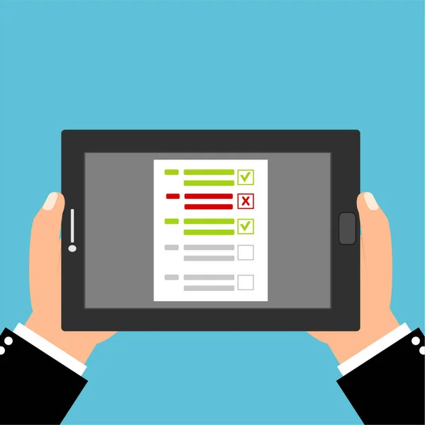 Ankiety Online Internet Geodezja Ręce Trzymając Tablet Formularz Testu Mobilne — Wektor stockowy