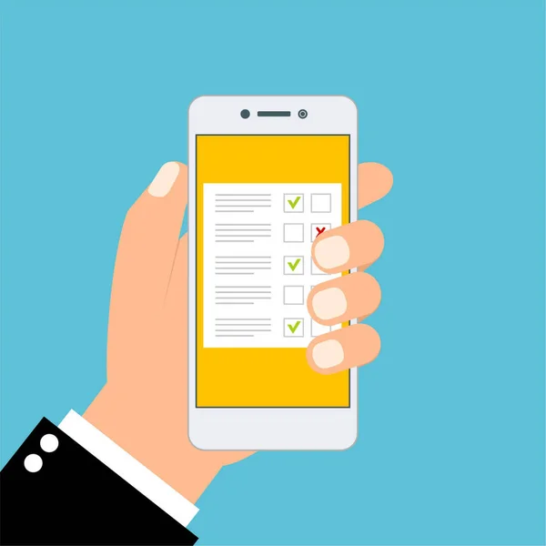 オンラインフォーム調査 アンケートの提案の意見レビューフィードバックコンセプトオンライン調査 チェックリスト 手はタブレットと指タッチスクリーンを保持します フィードバックビジネスコンセプト 漫画フラットベクトルイラスト ウェブサイト モバイルアプリのための最小限のデザイン — ストックベクタ