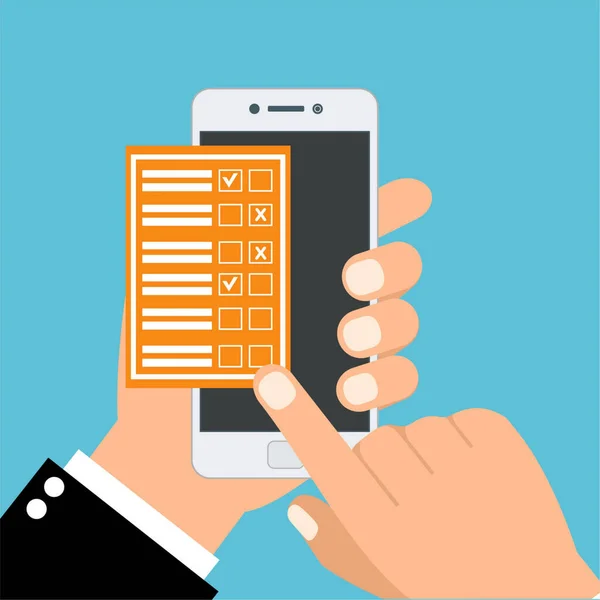 アンケートの提案の意見レビューフィードバック オンラインアンケート チェックリスト 手はタブレットと指タッチスクリーンを保持します フィードバック事業 漫画フラットベクトルイラスト ウェブサイトのためのミニマリズムデザイン — ストックベクタ