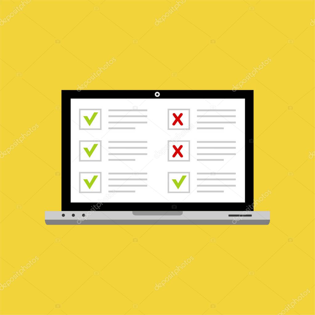 Online form survey on laptop vector illustration,computer showing quiz exam paper sheet document,flat style design for web design, banner and presentation. vector illustration.