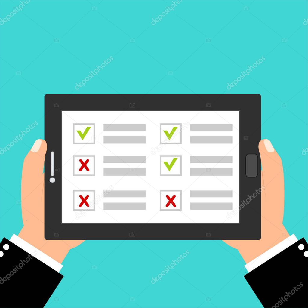 Checkboxes on smartphone screen. Hand hold smartphone, finger touch screen. Checkboxes and checkmark
