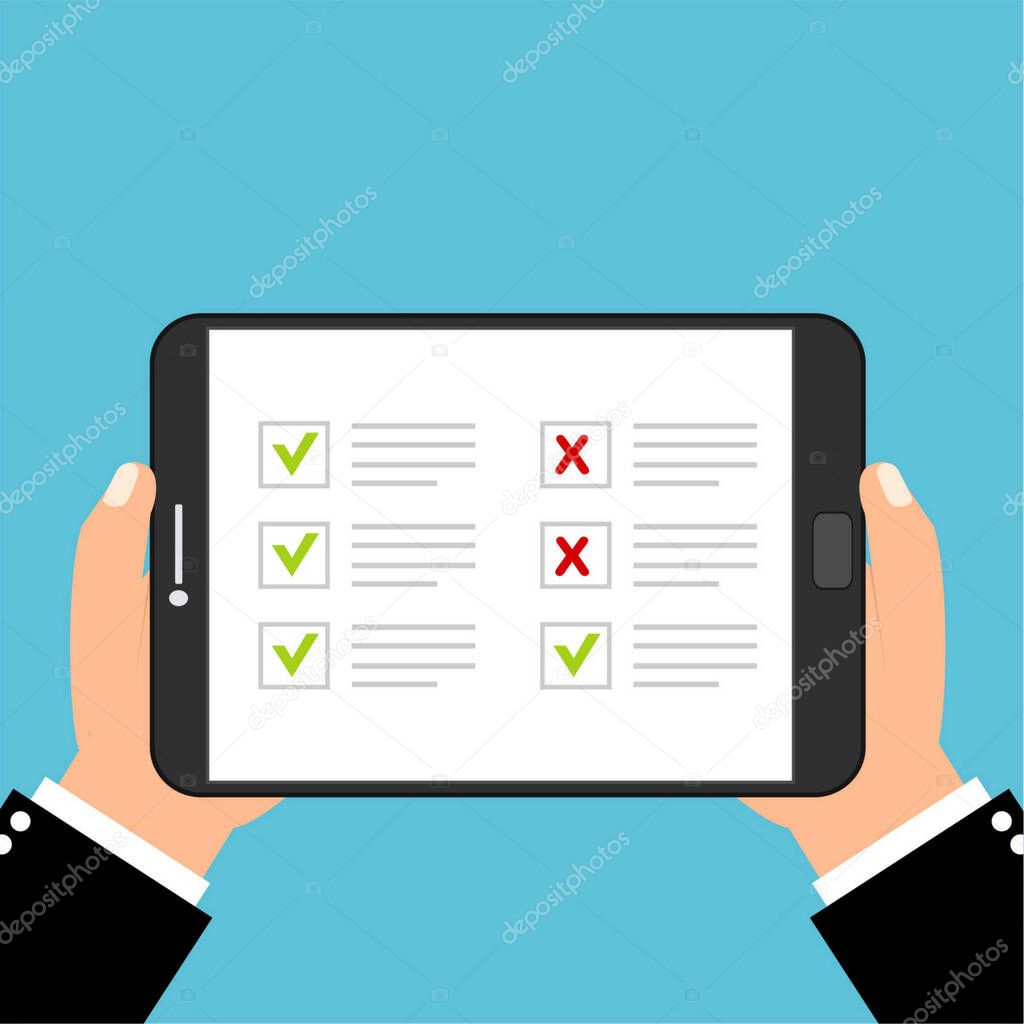 Checkboxes on smartphone screen. Hand hold smartphone, finger touch screen. Checkboxes and checkmark