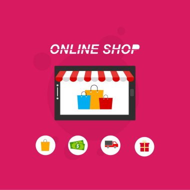 İnternetten alışveriş konsepti. Cep telefonu ödemeleri. Renkli arkaplanda izole edilmiş vektör çizimi... kullanımı kolay ve son derece özelleştirilebilir