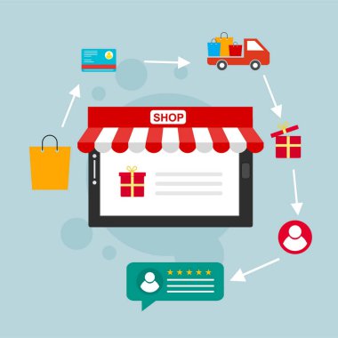 Çevrimiçi alışveriş uygulaması: Akıllı fonemodern Düz tasarım şablonunda hediyeler, alışveriş malzemeleri, kredi kartları ve indirim kuponları