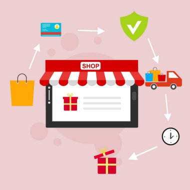 Çevrimiçi alışveriş uygulaması: Akıllı fonemodern Düz tasarım şablonunda hediyeler, alışveriş malzemeleri, kredi kartları ve indirim kuponları