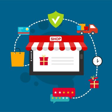 Çevrimiçi alışveriş uygulaması: Akıllı fonemodern Düz tasarım şablonunda hediyeler, alışveriş malzemeleri, kredi kartları ve indirim kuponları