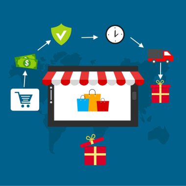 e-ticaret sembolleri, internet alışveriş elemanları ve retro şık renkli nesneleri düz tasarım vektör çizim simgeler. renkli arka plan üzerinde izole