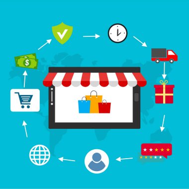 e-ticaret sembolleri, internet alışveriş elemanları ve retro şık renkli nesneleri düz tasarım vektör çizim simgeler. renkli arka plan üzerinde izole