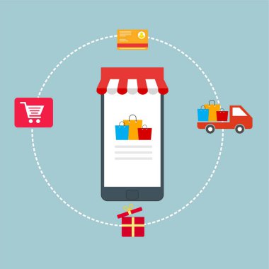 Renkli arka planda M-Commerce için Modern Düz Tasarım İnsanları ve İş Konsepti.
