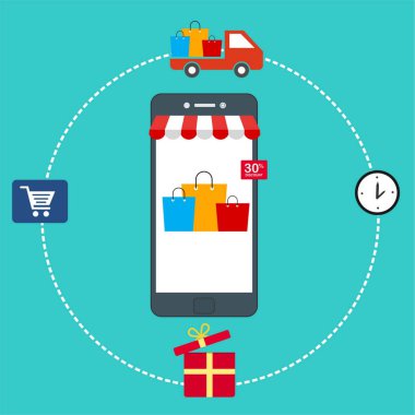Web sitesi ve mobil web sitesi için Buy Online 'ın düz tasarım pankartı, kullanımı kolay ve son derece özelleştirilebilir