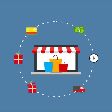 Modern Düz Tasarım İnsanları ve M-Ticaret için İş Konsepti, Minimum Vektör Bilgileri.