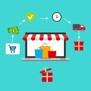 Açık dizüstü bilgisayarı ve akıllı telefonu olan çevrimiçi alışveriş kavramı