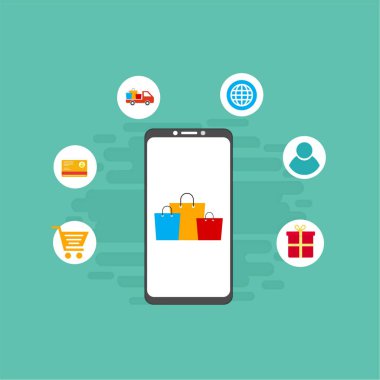 Akıllı telefon ve e-ticaret simgeleri vektör illüstrasyonlu çevrimiçi alışveriş kavramı