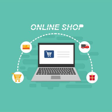 Web sitesi ve mobil web sitesi için Buy Online 'ın düz tasarım pankartı, kullanımı kolay ve son derece kişiselleştirilebilir. Renkli arkaplanda izole edilmiş modern vektör illüstrasyon kavramı.