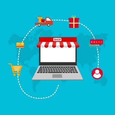 Web sitesinde Alışveriş Çevrimiçi veya Mobil Uygulama Vektörü Pazarlama ve Dijital Pazarlama