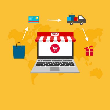 Bilgisayarı, masası, alışveriş çantaları, kredi kartları, kuponları ve ürünleri olan çevrimiçi alışveriş konsepti