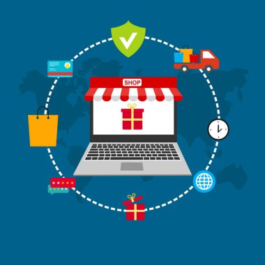 Bilgisayarı, masası, alışveriş çantaları, kredi kartları, kuponları ve ürünleri olan çevrimiçi alışveriş konsepti