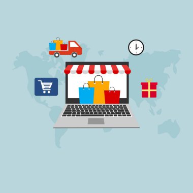 Bilgisayarı, masası, alışveriş çantaları, kredi kartları, kuponları ve ürünleri olan çevrimiçi alışveriş konsepti