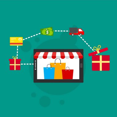 İnternetten alışveriş konsepti. Cep telefonu ödemeleri. Renkli arkaplanda izole edilmiş vektör çizimi... kullanımı kolay ve son derece özelleştirilebilir