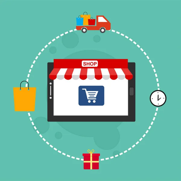 Online Shopping App Geschenke Einkaufsartikel Kreditkarten Und Rabattgutscheine Auf Einem — Stockvektor