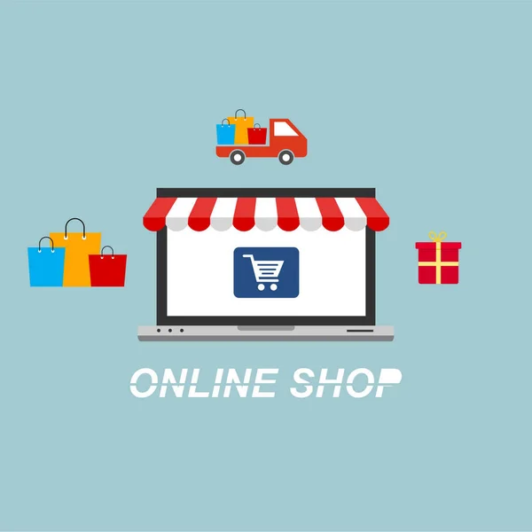 Shopping Online Persone Tecnologia Design Piatto — Vettoriale Stock