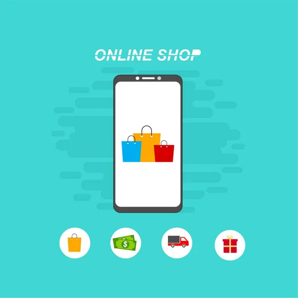 Online Shopping Concept Open Laptop Smartphone — Stock Vector