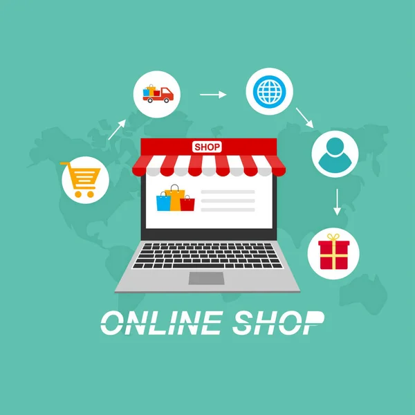 Online Αγορές Έννοια Επιφάνεια Εργασίας Υπολογιστή Τραπέζι Τσάντες Ψώνια Πιστωτικές — Διανυσματικό Αρχείο