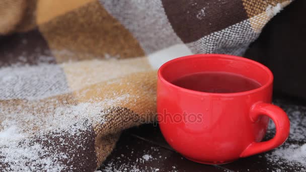 Steaming Red Cup de café chaud ou de thé debout sur le plein air en hiver matin enneigé — Video