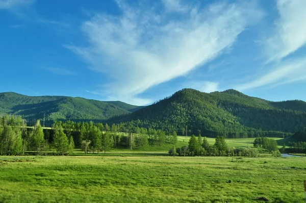 Altay dağlarında yeşil ve mavi gökyüzü
