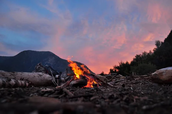 Gün batımında Teletskoye göl kıyısında kamp ateşi