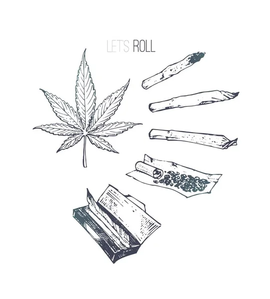 Articulación y hoja de cannabis aislados en blanco, vector — Vector de stock