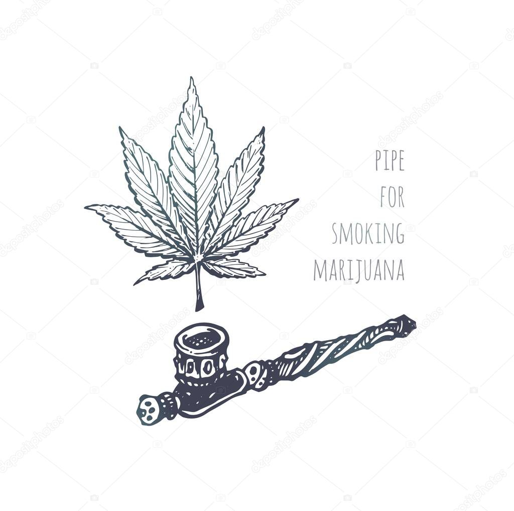Pipe for marijuana and sketch of cannabis leaf