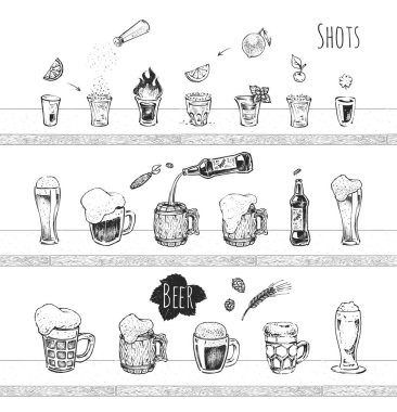 Bar menüsü tasarımı. Bira ve shot 'ların vektör simgeleri