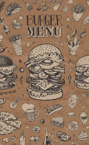 Cubierta de menú de hamburguesa para restaurante. Diseño vintage — Vector de stock