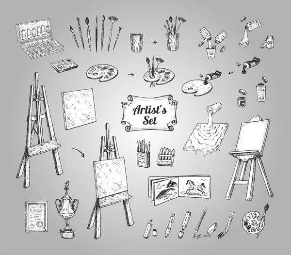 Materiales de dibujo o herramientas para el artista. Conjunto de vectores — Vector de stock