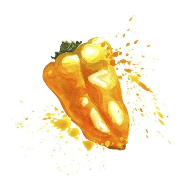 Gele mini peper met spetters. Aquarelkunst — Stockfoto