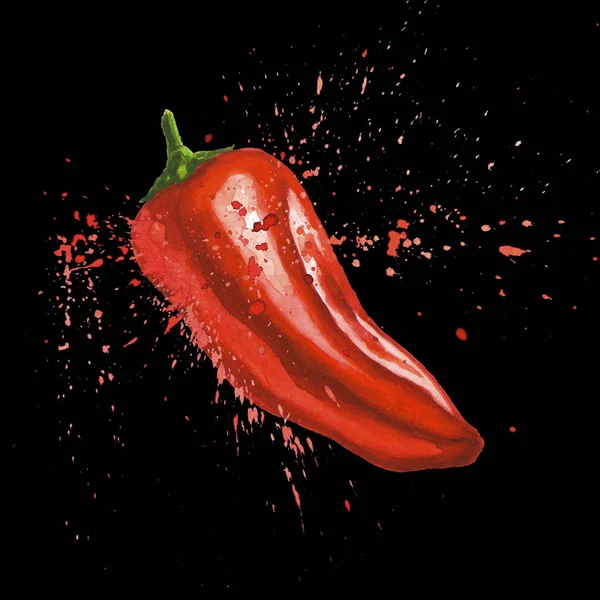 Červený chilli pepř s cákancemi izolované na černé — Stock fotografie