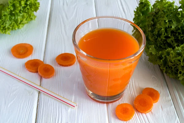 Carrot Juice Glass White Wooden Background — Stock Photo, Image