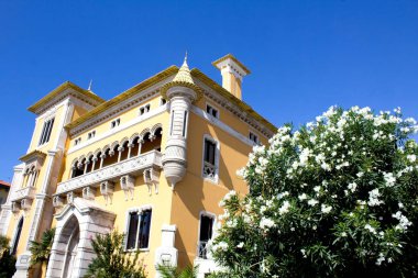 Güneşli bir günde güzel bir sarı ev manzarası ve beyaz çiçekler. Geleneksel mimari. Cascais. Portekiz.