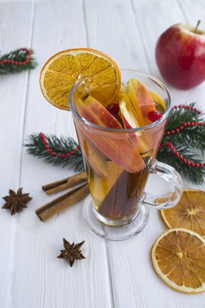 Christmas Drink Mulled Wine Apples Orange Cranberries Spices White Wooden — Stock Photo, Image