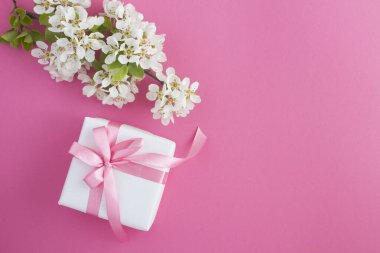 Pembe fiyonklu bir hediye ve pembe arka planda beyaz çiçekli bir ağaç dalı. Üst Manzara. Boşluğu kopyala.