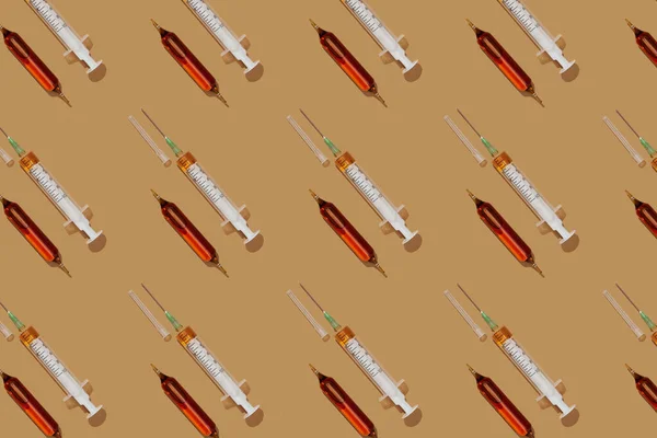 Pattern Syringe Ampoule Brown Medicine Brown Background Medical Background Top — Stock Photo, Image