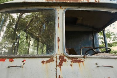 Eski terk edilmiş gri otobüs tarlada. Ön tarafta. Şoför koltuğuna yakın çekim. Tam çerçeve. 