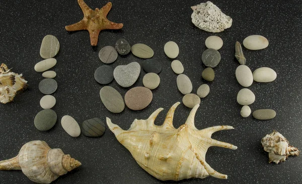 Seashells Rozgwiazdy Słowo Miłość Morza Gładkie Kamienie Czarnym Granicie Białymi — Zdjęcie stockowe