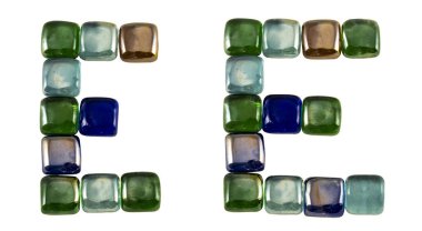 Isolated Font English or Latin Letter E made of glass decorative squares on white background